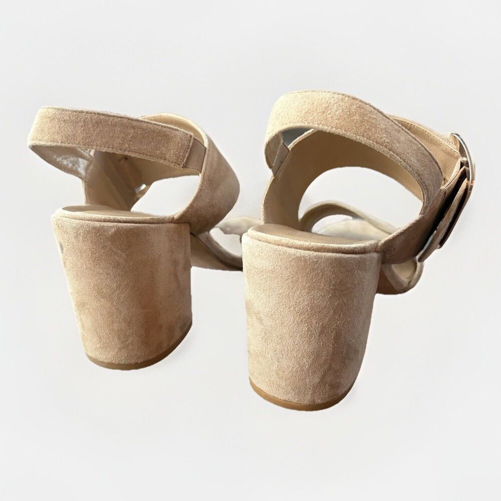 Stuart Weitzman City Sandals Size 11 Tan Suede Big Buckle Slingback Block Heel - Picture 3 of 9